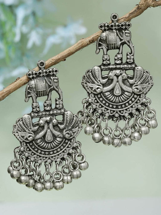 Ghungroo Studded Filigree Work Antique Design Oxidised Silver Plated Chandbalis