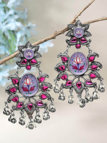 Handcrafted Meenakari Work Afghan Floral Design Oxidised Silver Plated Chandbalis