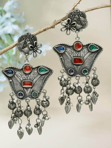 Pearls Studded Meenakari Work Antique Tribal Design Oxidised Silver Plated Earrings