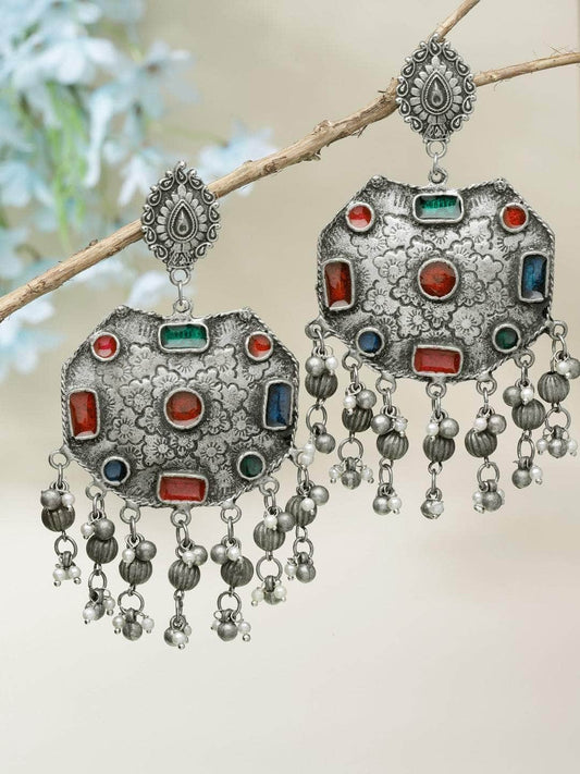 Pearls Studded Meenakari Work Antique Tribal Design Oxidised Silver Plated Earrings