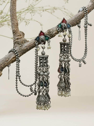 Handcrafted Meenakari Work Filigree Design Oxidised Silver Plated Tasselled Jhumkas
