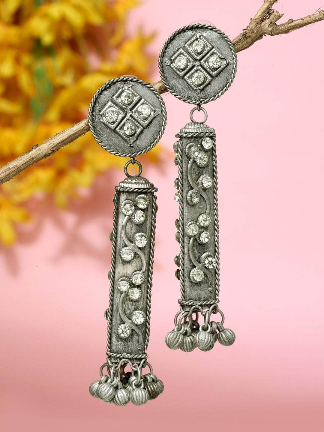 Ghungroo & Crystals Studded Antique Tribal Design Oxidised Silver Plated Jhumkas