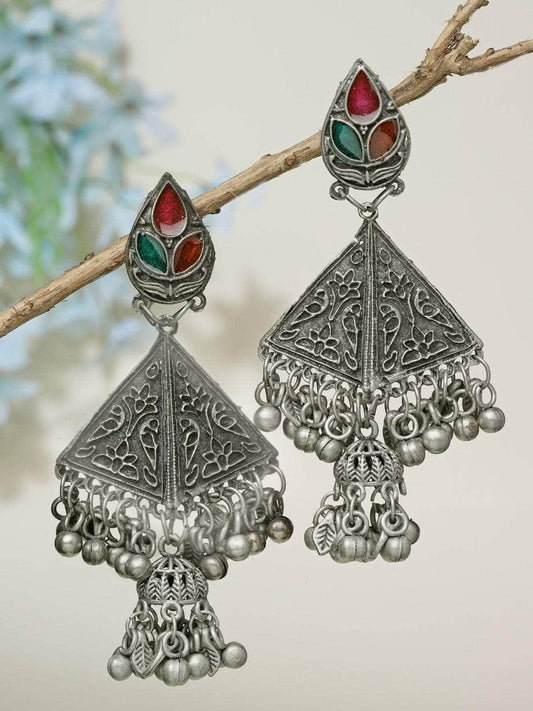 Antique Tribal Design Ghungroo Studded Oxidised Silver plated Tasselled Jhumkas