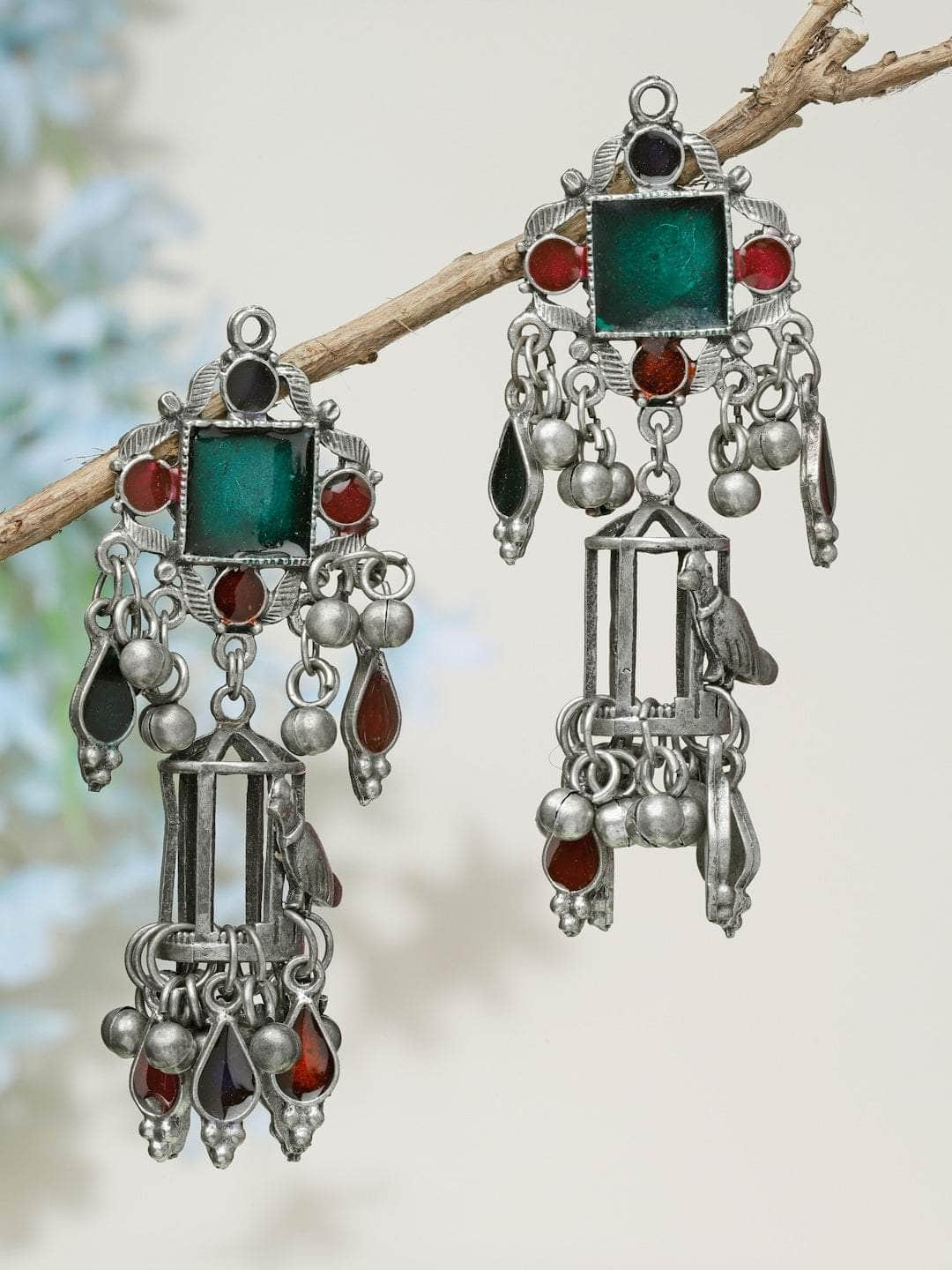 Meenakari Work Ghungroo Studded Tasselled Design Oxidised Silver Plated Antique Jhumkas