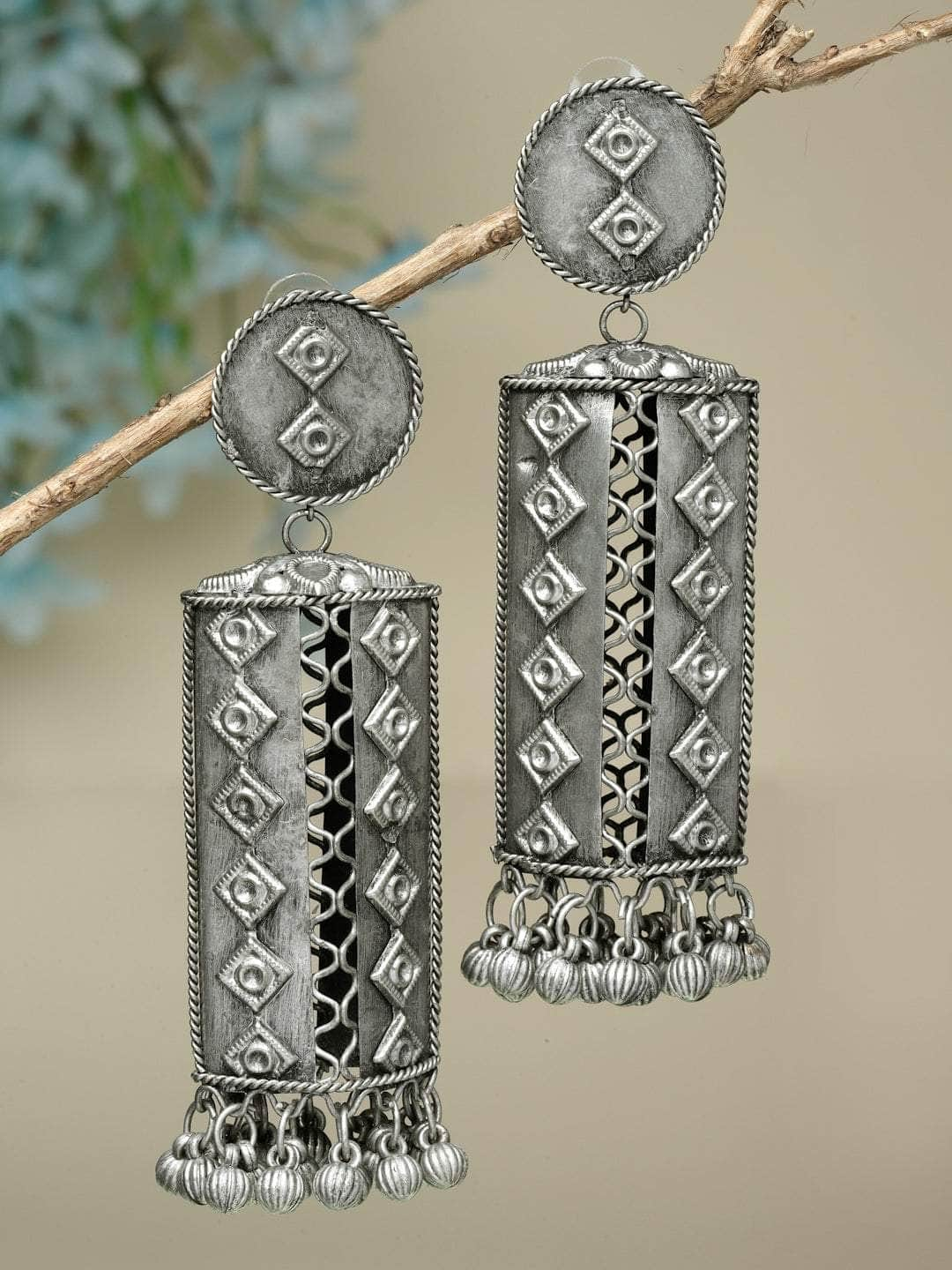 Ghungroo & Crystals Studded Antique Tribal Design Oxidised Silver Plated Jhumkas