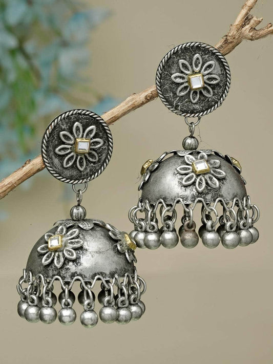 Kundan & Ghungroo Studded Oxidised Silver Plated Handcrafted Antique Tribal Jhumkas