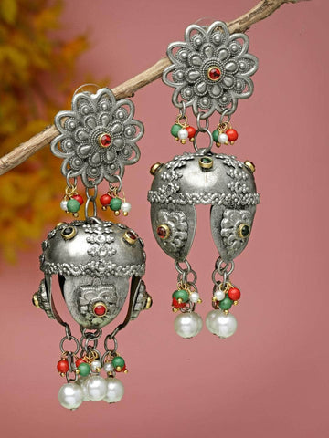 Stones & Pearls Studded Tasselled Design Filigree Work Oxidised Silver Plated Studs