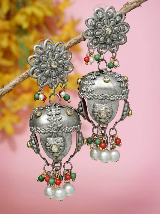 Stones & Pearls Studded Tasselled Design Filigree Work Oxidised Silver Plated Studs