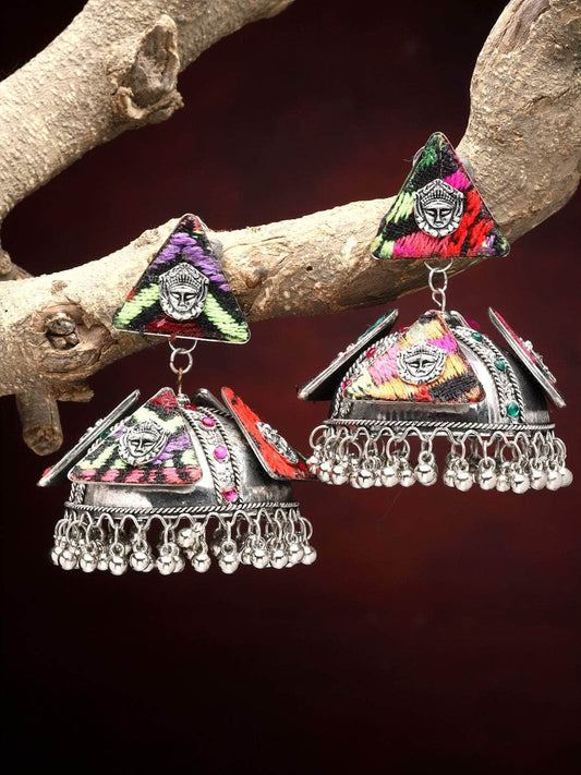 Handcrafted Afghan Design Oxidised Silver Plated Temple Jhumkas