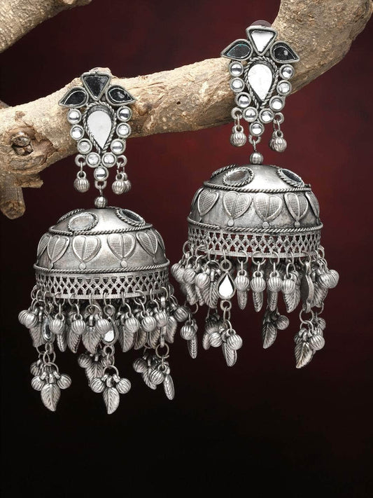 Mirrors Studded Antique Afghan Design Oxidised Tasselled Jhumkas