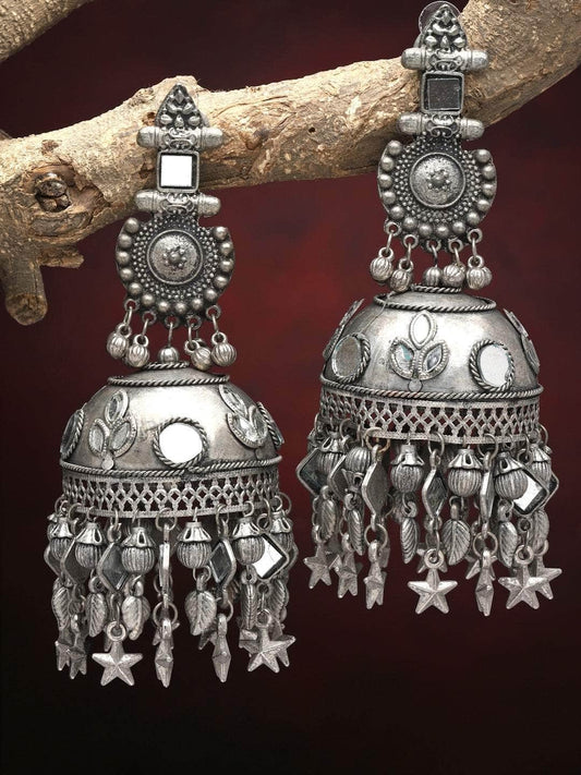 Mirrors Studded Antique Tasselled Design Oxidised Jhumkas