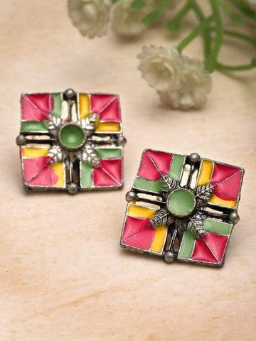 Handpainted Meenakari Work Floral Design Oxidised Tribal Studs