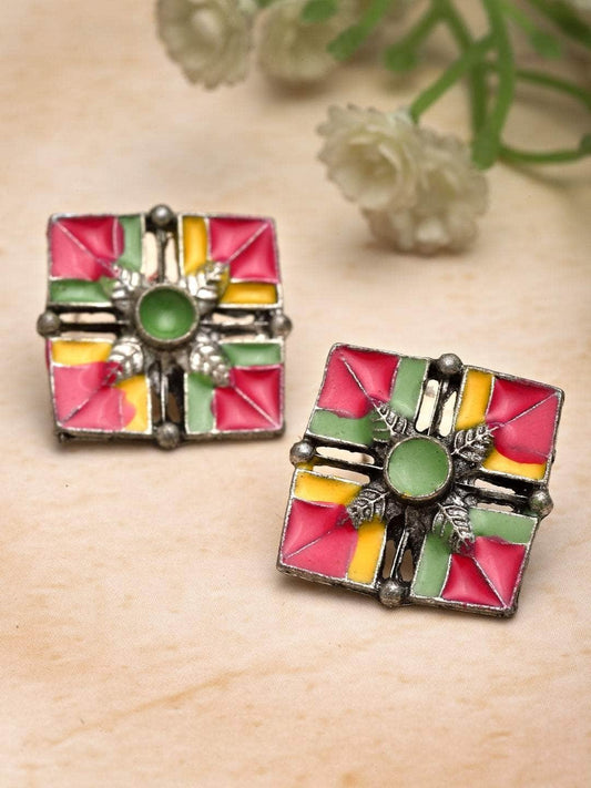 Handpainted Meenakari Work Floral Design Oxidised Tribal Studs