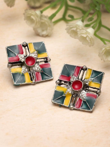 Handpainted Meenakari Work Floral Design Oxidised Tribal Studs