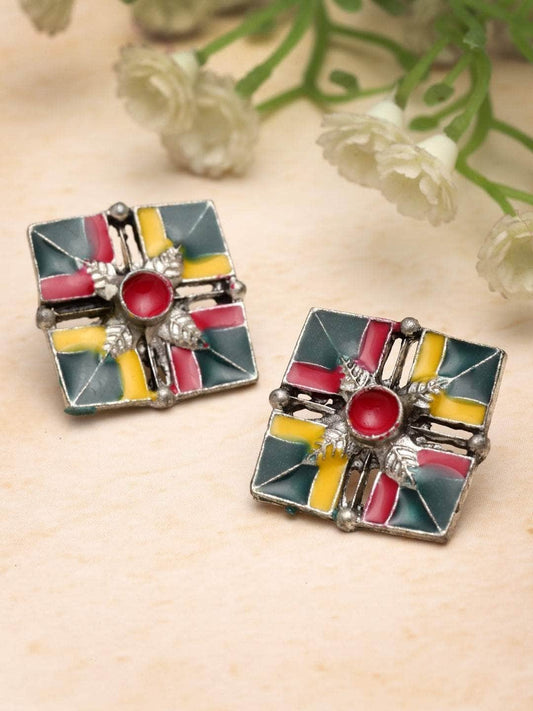 Handpainted Meenakari Work Floral Design Oxidised Tribal Studs