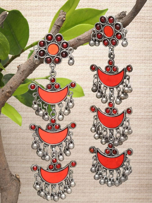 Mirrors Studded Antique Tassel Design Oxidised Afghan Earrings