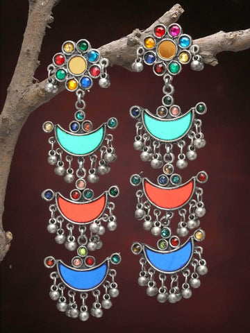 Mirrors Studded Antique Tassel Design Oxidised Afghan Earrings