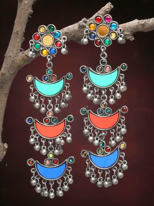 Mirrors Studded Antique Tassel Design Oxidised Afghan Earrings