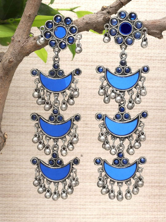 Mirrors Studded Antique Tassel Design Oxidised Afghan Earrings