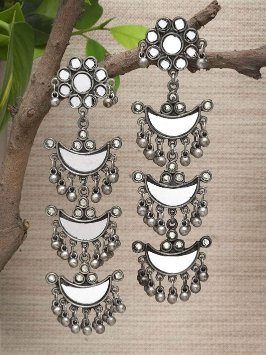 Mirrors Studded Antique Tassel Design Oxidised Afghan Earrings