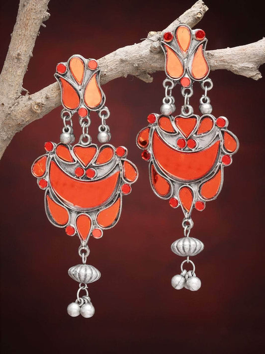 Mirrors Studded Tasselled Design Oxidised Silver Plated Earrings