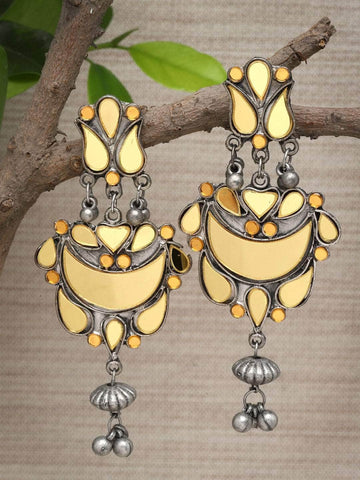 Mirrors Studded Tasselled Design Oxidised Silver Plated Earrings