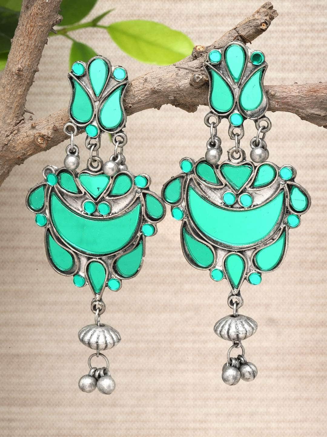 Mirrors Studded Tasselled Design Oxidised Silver Plated Earrings