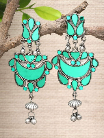 Mirrors Studded Tasselled Design Oxidised Silver Plated Earrings
