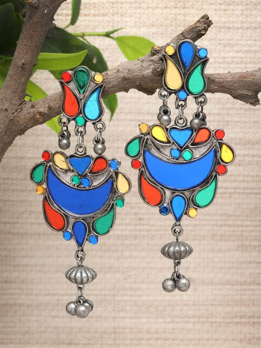 Mirrors Studded Tasselled Design Oxidised Silver Plated Earrings