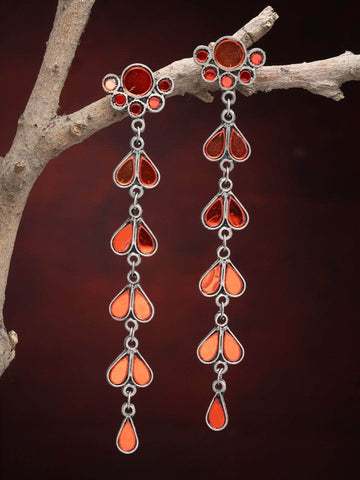 Mirrors Studded Layered Tasselled Design Oxidised Antique Earrings
