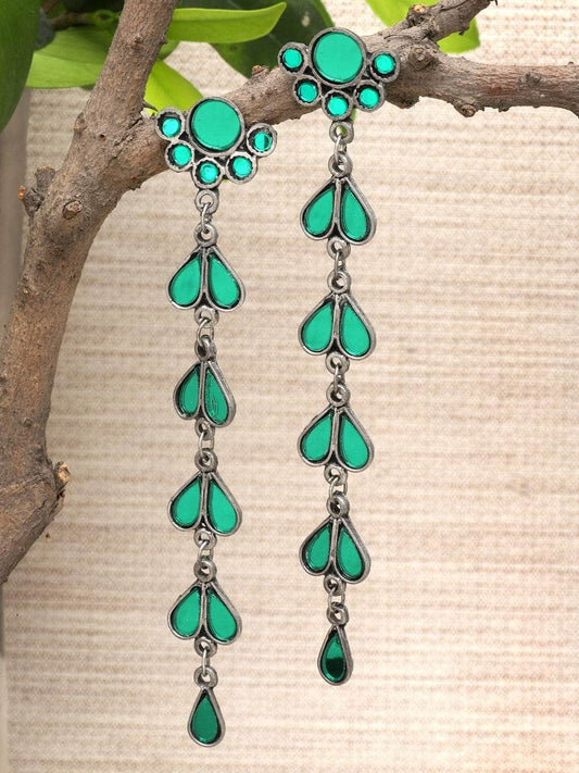 Mirrors Studded Layered Tasselled Design Oxidised Antique Earrings