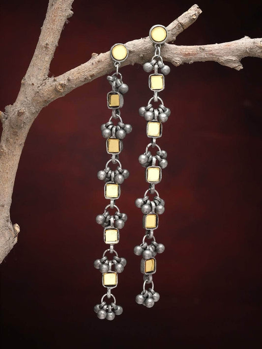 Mirrors Studded Layered Tasselled Design Oxidised Tribal Earrings