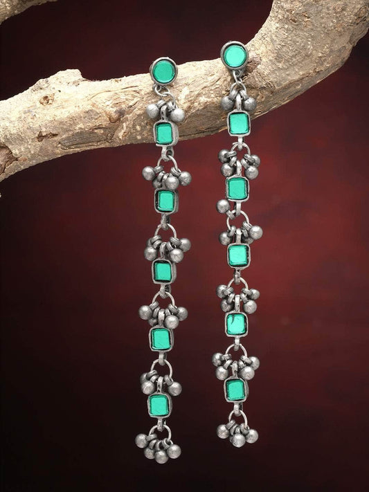Mirrors Studded Layered Tasselled Design Oxidised Tribal Earrings