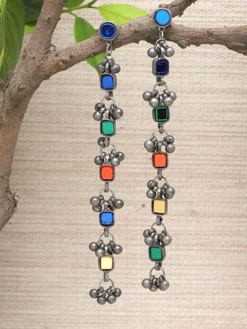 Mirrors Studded Layered Tasselled Design Oxidised Tribal Earrings