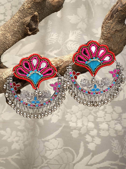 Handwoven Afghan Design Oxidised Silver Plated Meenakari Chandbalis