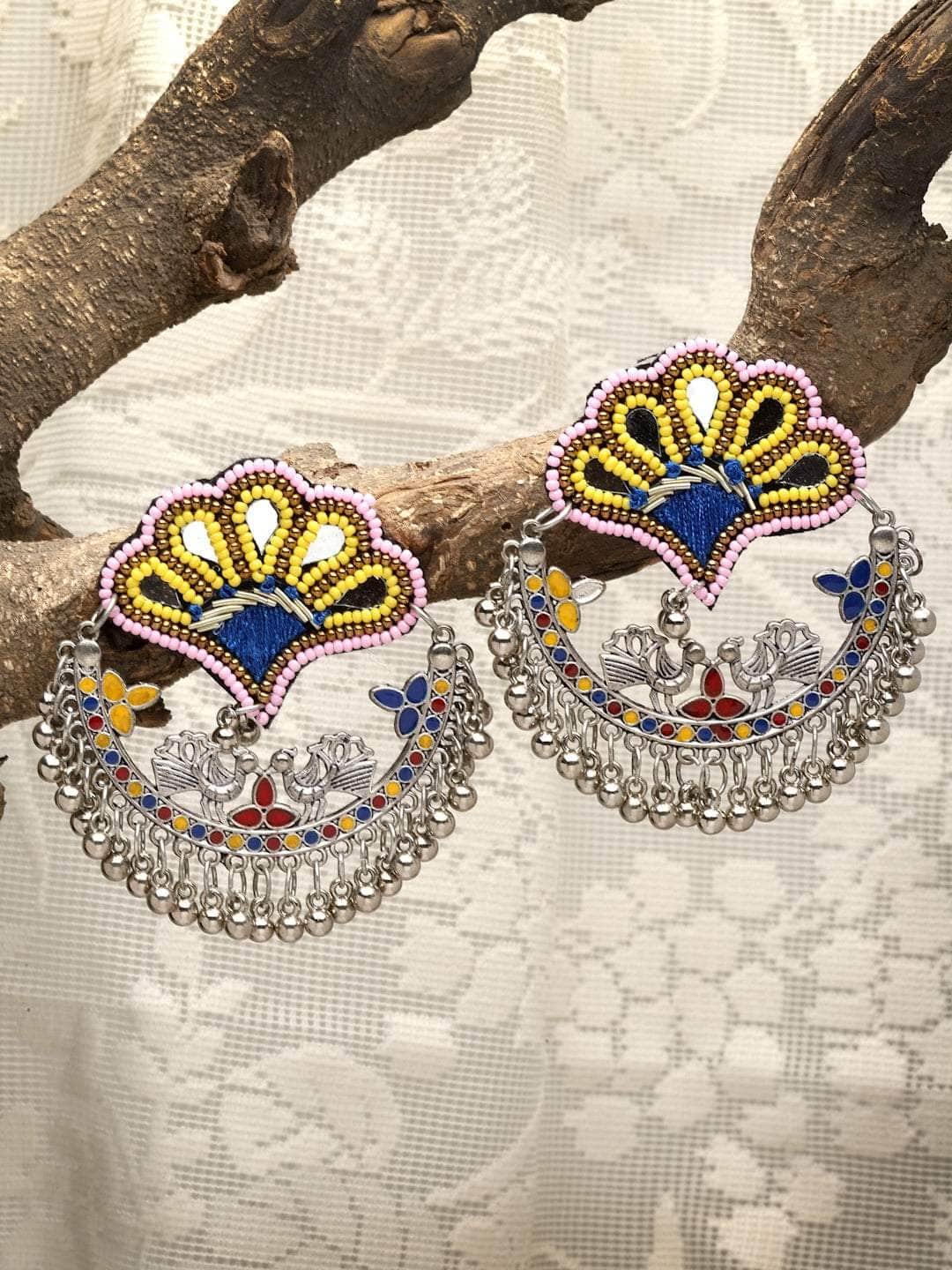 Handwoven Afghan Design Oxidised Silver Plated Meenakari Chandbalis