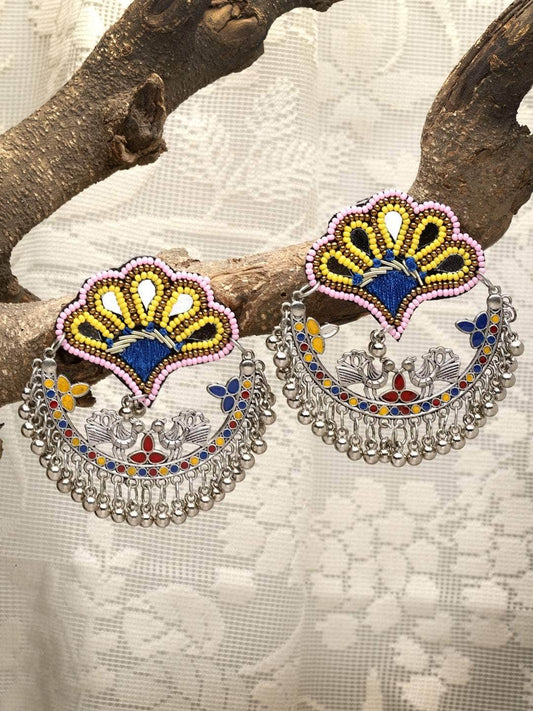 Handwoven Afghan Design Oxidised Silver Plated Meenakari Chandbalis