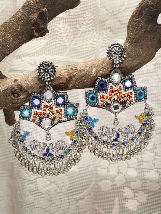 Handwoven Tribal Design Oxidised Silver Plated Meenakari Chandbalis