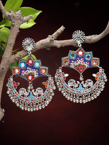 Handwoven Tribal Design Oxidised Silver Plated Meenakari Chandbalis
