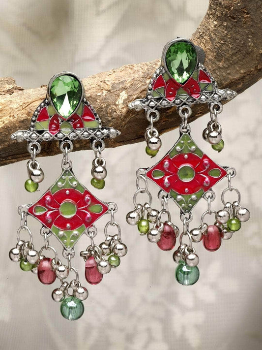 Handpainted Meenakari Work Stone Studded Oxidised Earrings