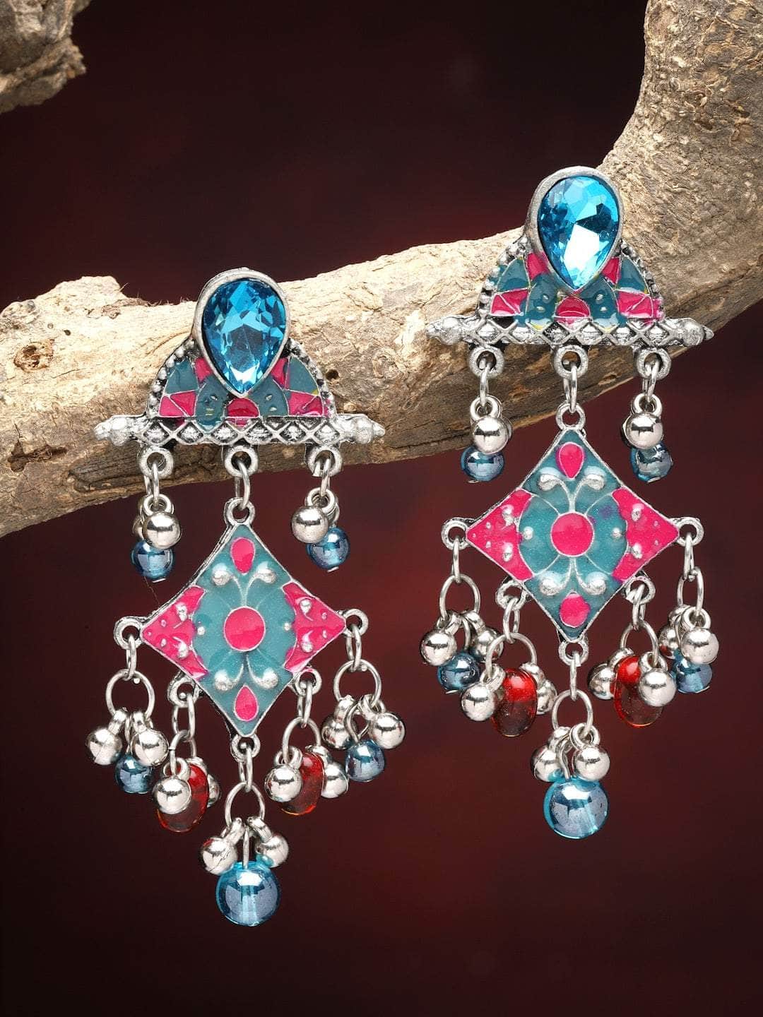 Handpainted Meenakari Work Stone Studded Oxidised Earrings