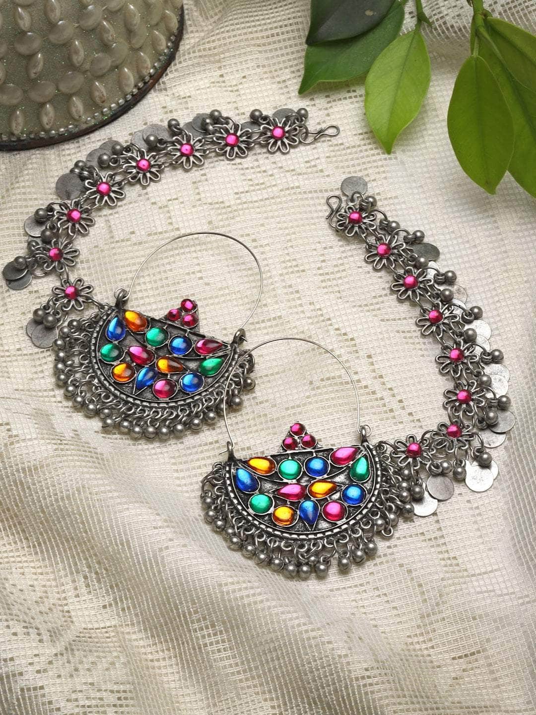 Stone Studded Oxidised Silver Plated Earrings