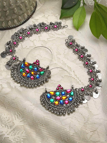Stone Studded Oxidised Silver Plated Earrings