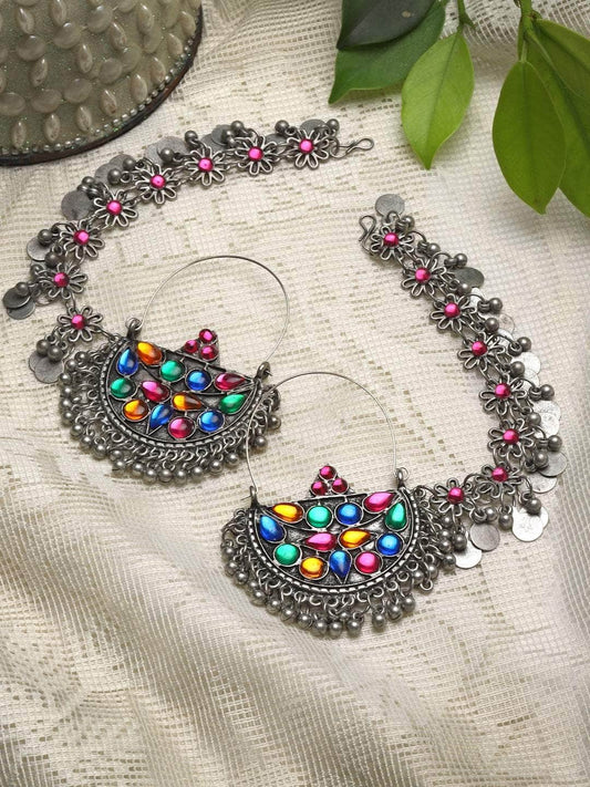Stone Studded Oxidised Silver Plated Earrings