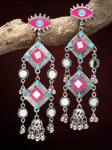 Mirror Studded Handpainted Meenakari Work Silver Plated Earrings