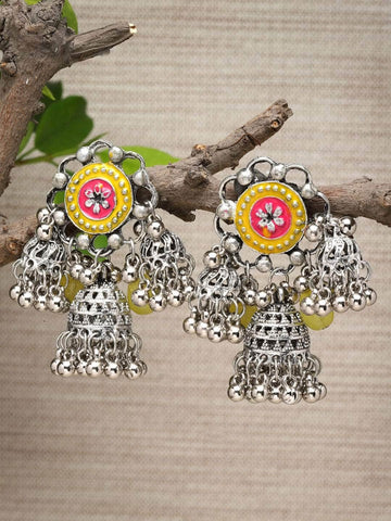 Handpainted Meenakari Work Silver Plated Earrings