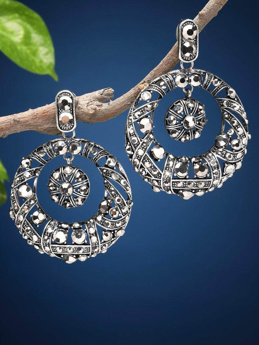 Stone Studded Silver Plated Circular Chandbalis Earrings
