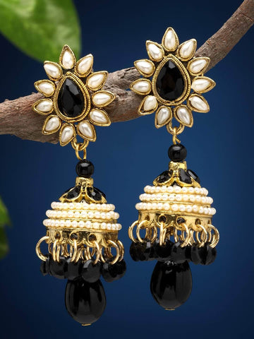 Stone Studded Pearl Beaded Gold Plated Earrings Jhumkas