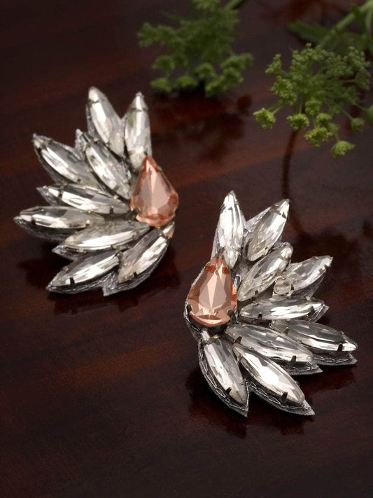 Crystal Studded Floral Shaped Handcrafted Silver Plated Earrings