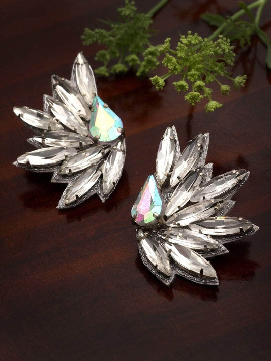 Crystal Studded Floral Shaped Handcrafted Silver Plated Earrings